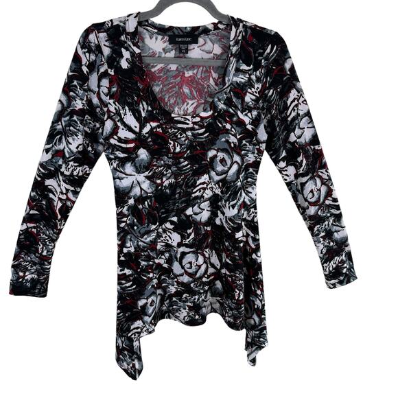 Karen Kane Tops - Karen Kane Red Black Floral Scoop Neck 3/4 Sleeve Jersey Knit Blouse Size XS